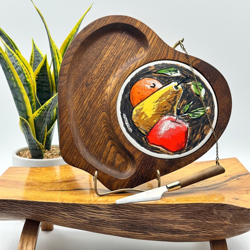 Fred Press Rubel Serv Wood Cheese Board Heart Fruit Tile Knife Vintage 562 Japan